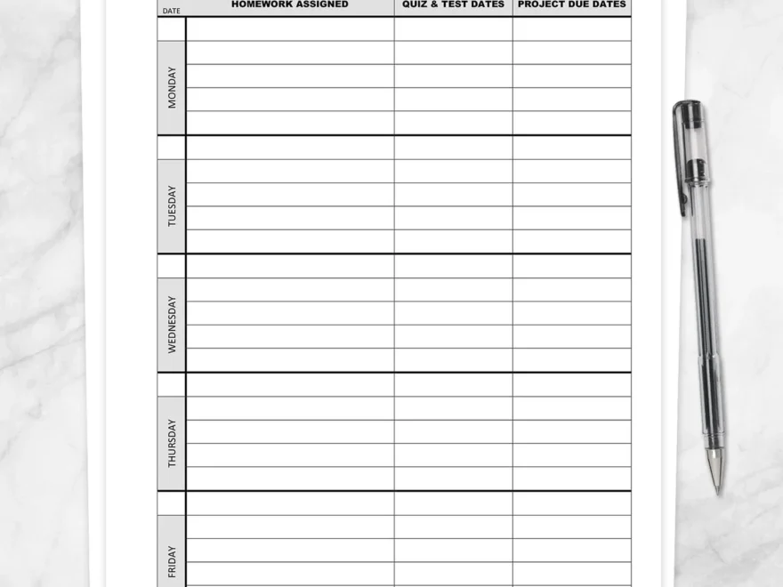 Weekly School Assignments And Tests Sheet Printable Printable Planning
