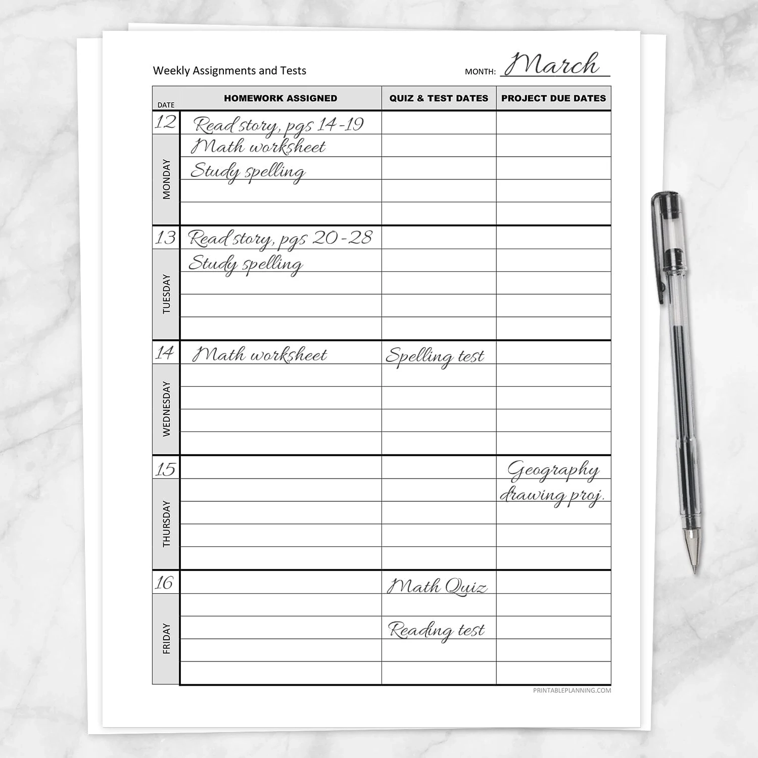 Weekly School Assignments And Tests Sheet Printable Printable Planning