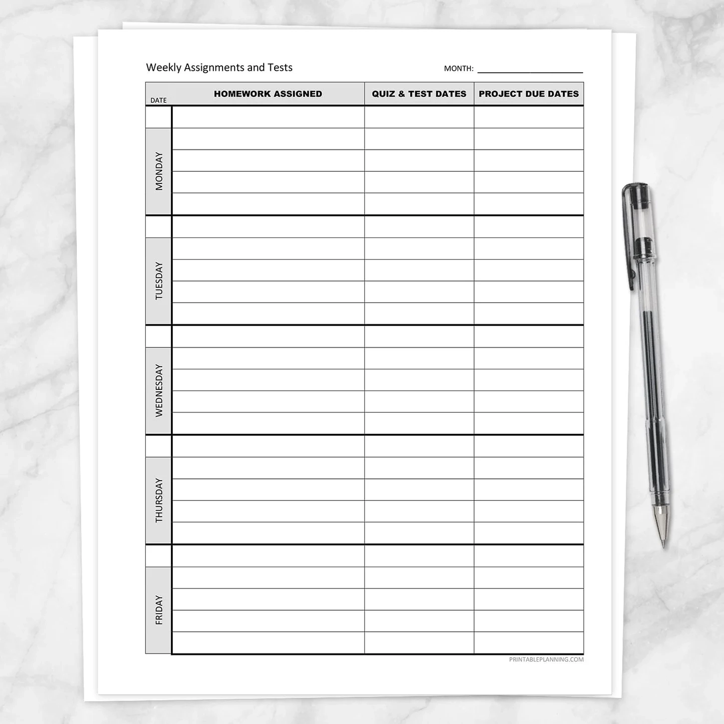 Printable Weekly Homework Assignment Sheet College
