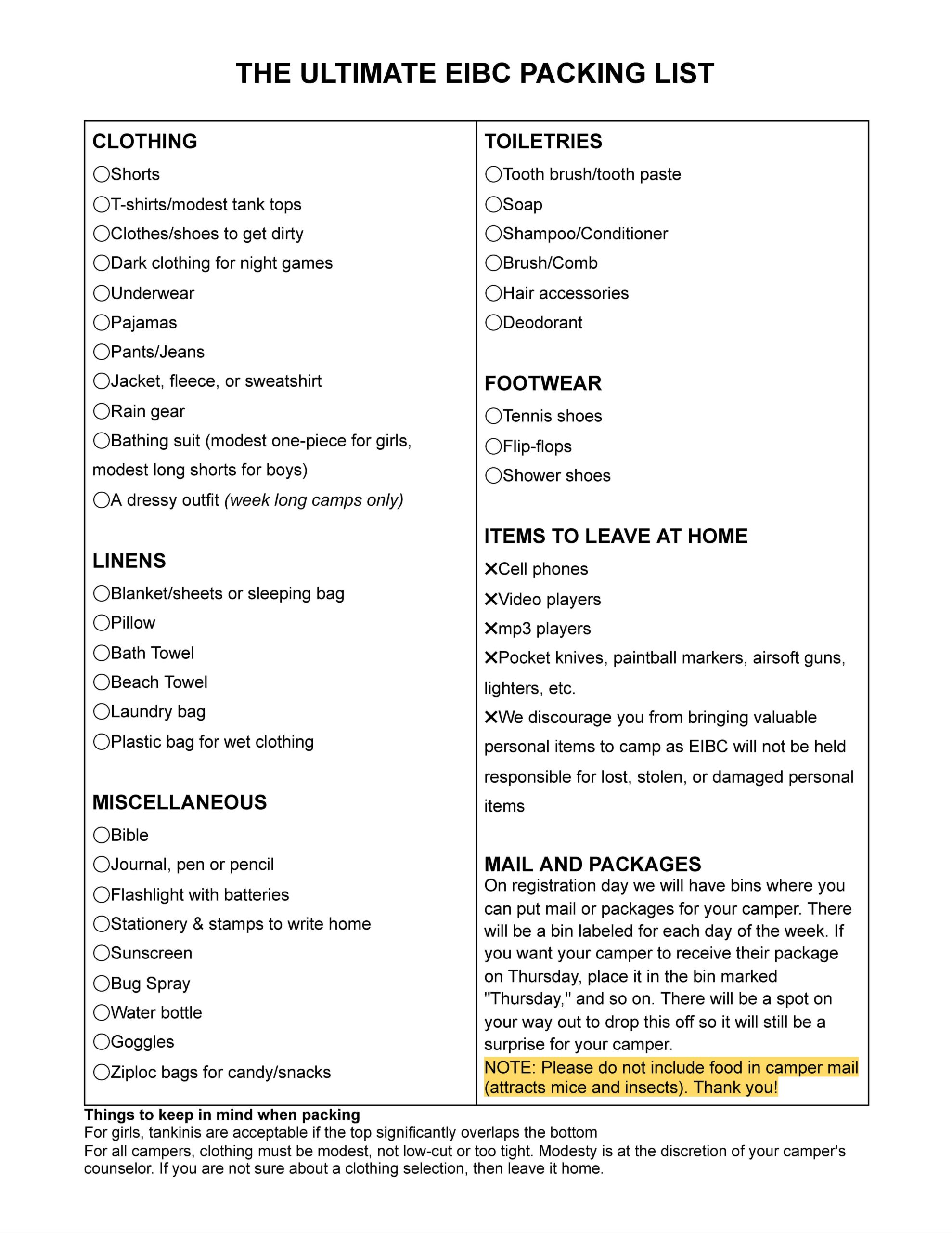 What To Bring East Iowa Bible Camp