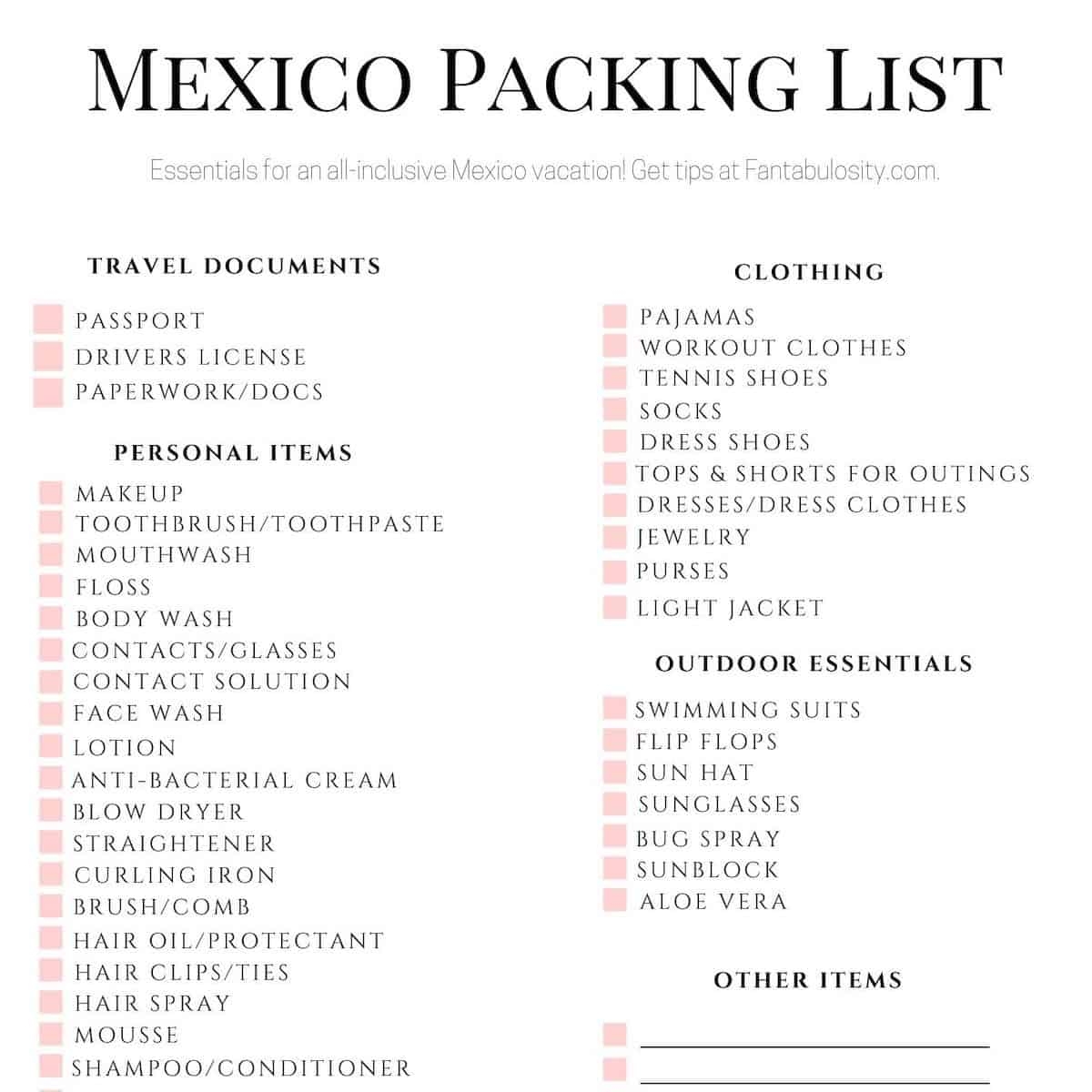 What To Pack For Mexico Free Printable Checklist Fantabulosity