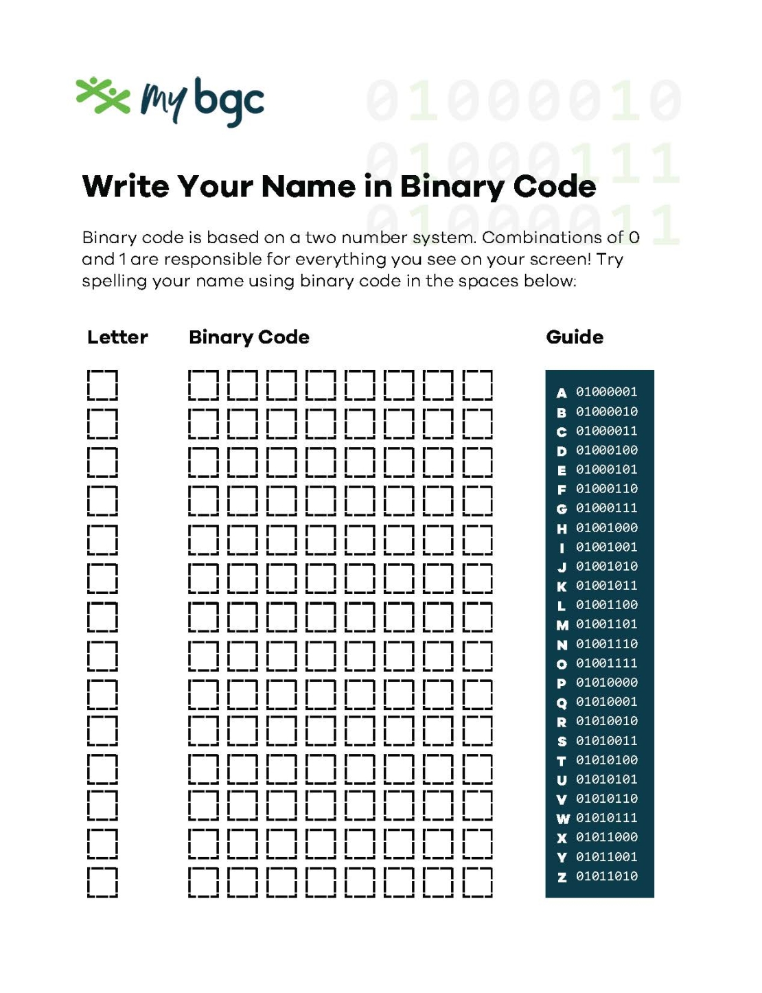 Write In Binary Code MyBGC