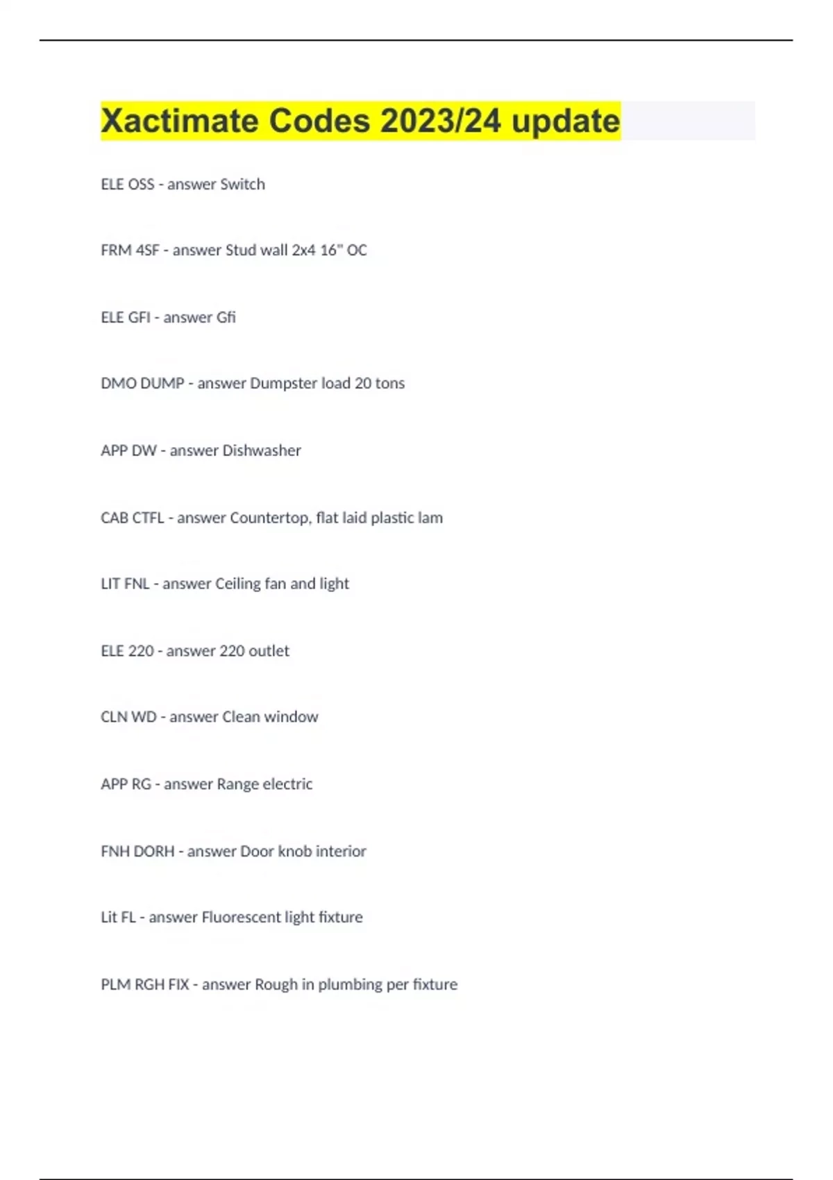 Xactimate Codes 2023 24 Update XACTIMATE CERTIFICATION Stuvia US