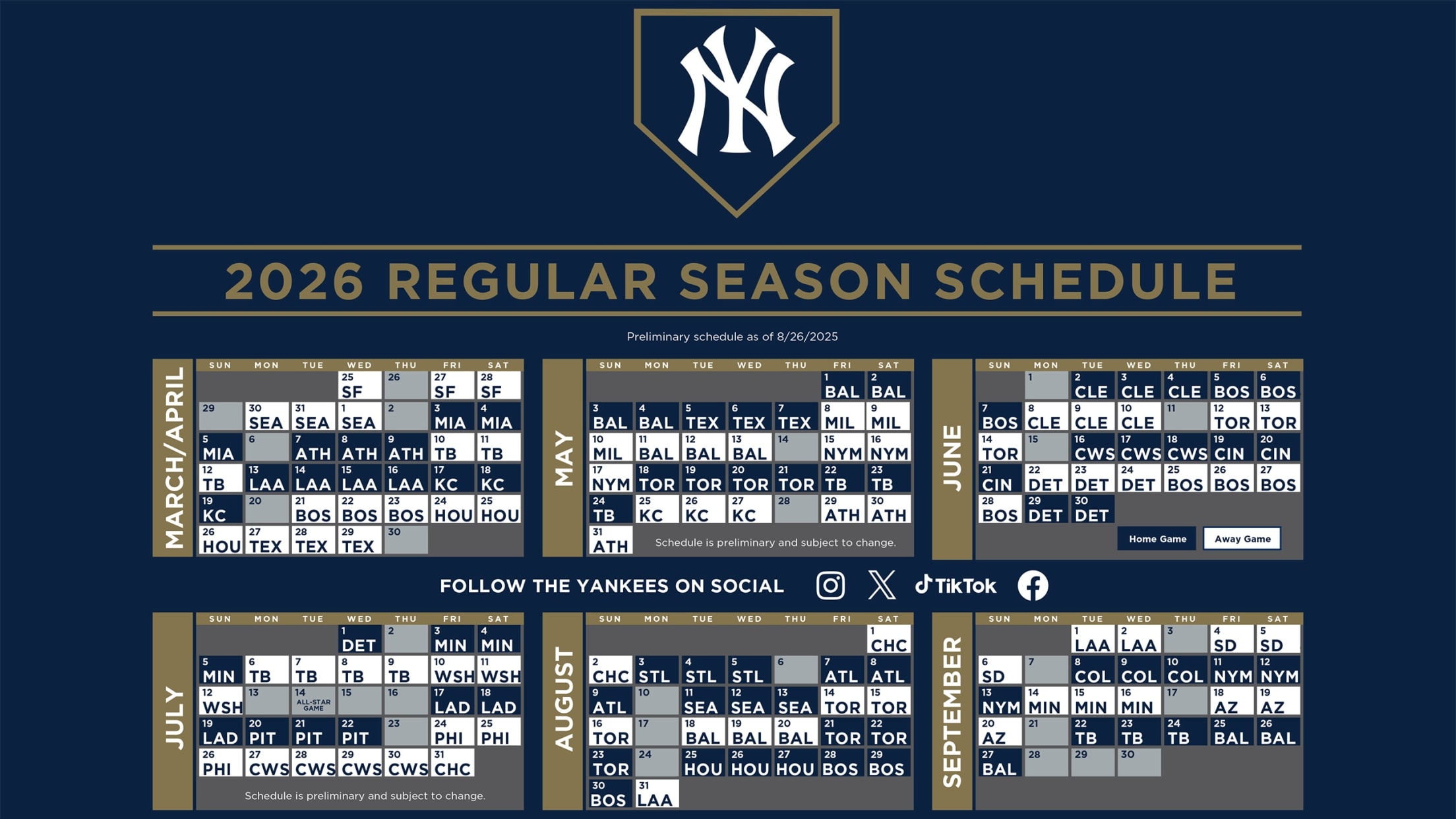 Printable Baseball Schedule Yankees 2026