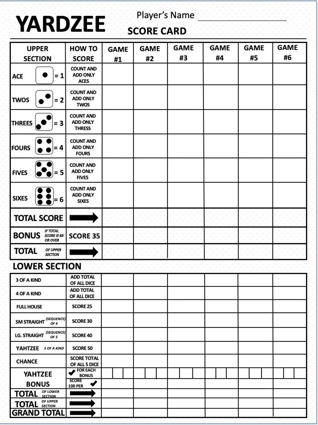 Yard Yahtzee Score Sheet Printable