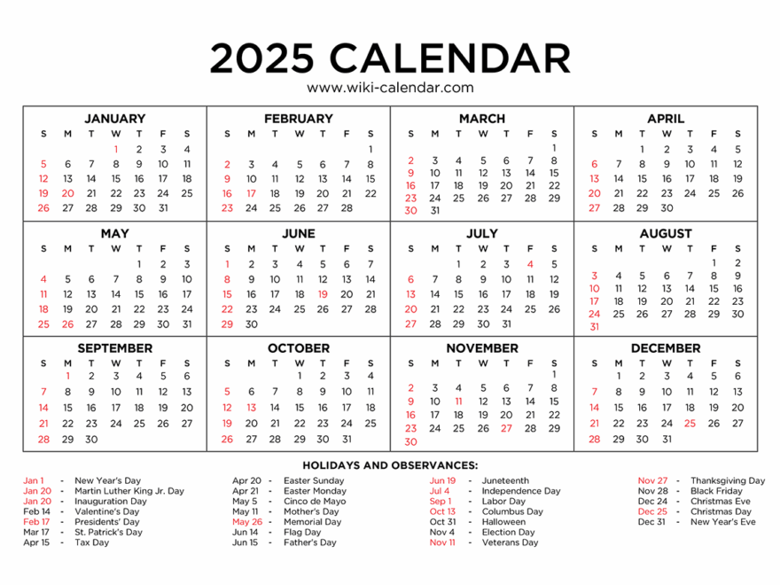 Year 2025 Calendar Printable With Holidays Wiki Calendar