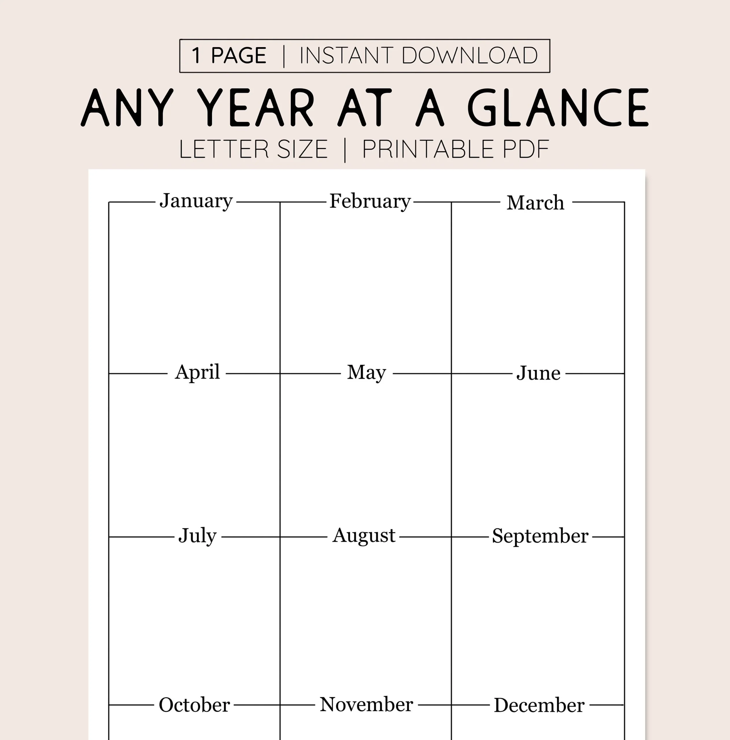 Year At A Glance Printable 8 5 X 11 Planner instant Download Etsy