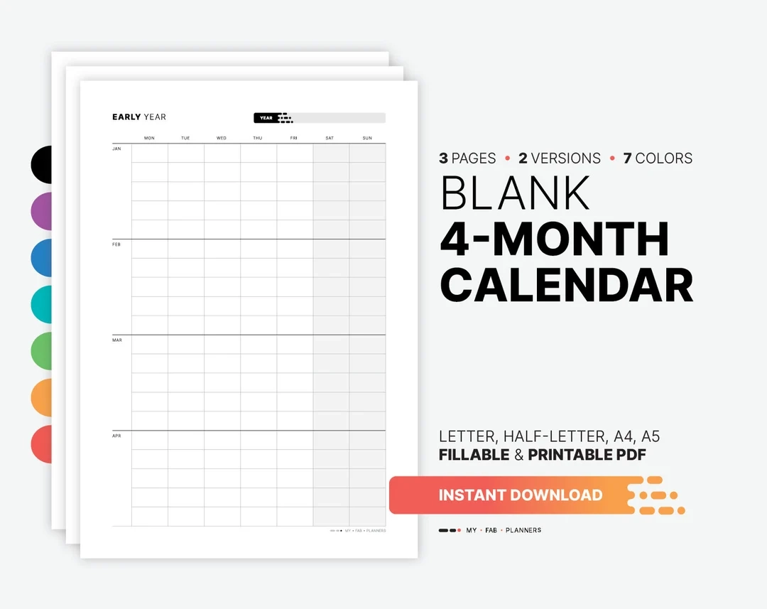 Yearly 4 month Calendar Fillable Planner Template Blank Yearly Monthly Digital Wall Calendar Printable Letter Half letter A4 A5 PDF Etsy Israel