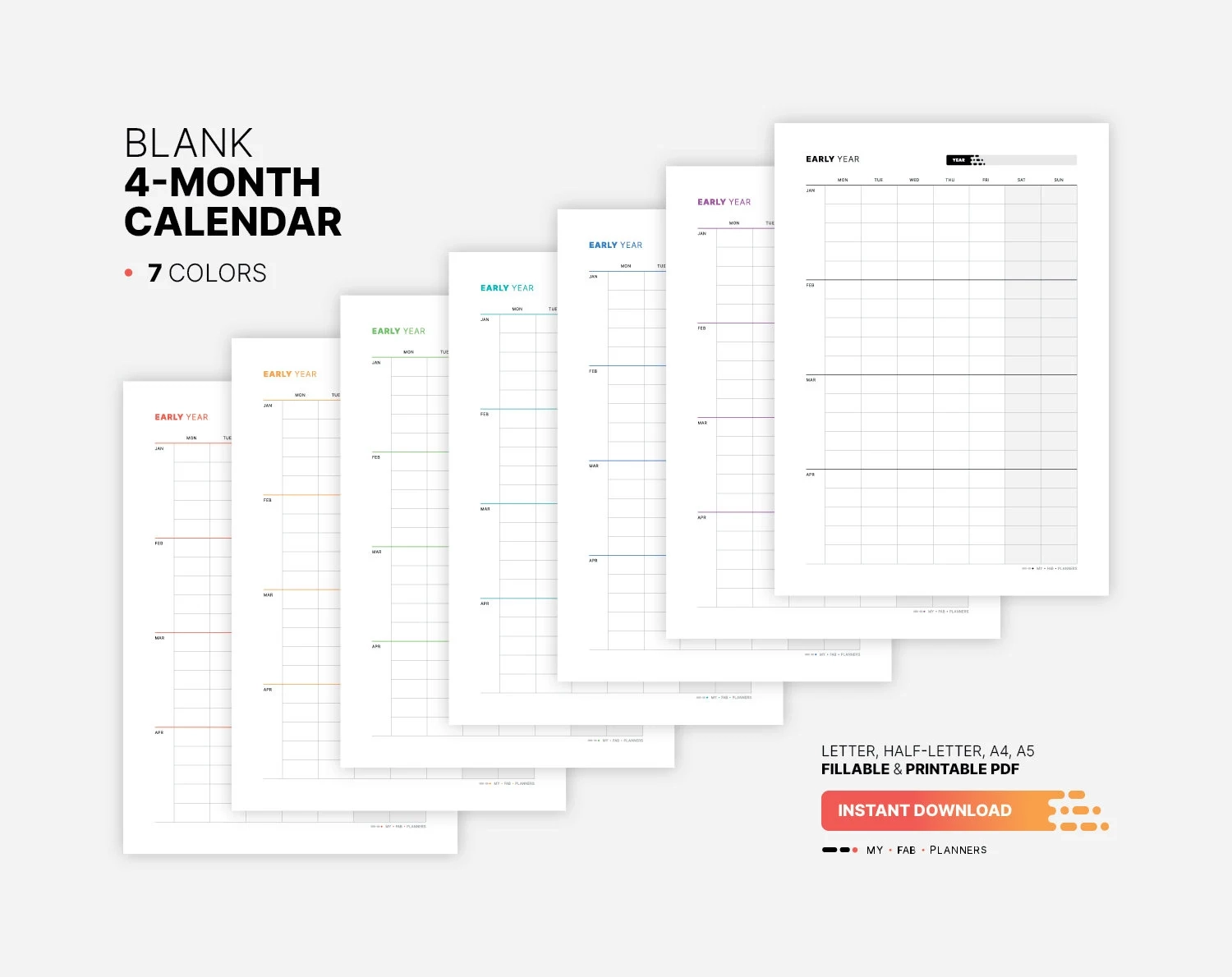 4 Month Calendar Printable Sheet