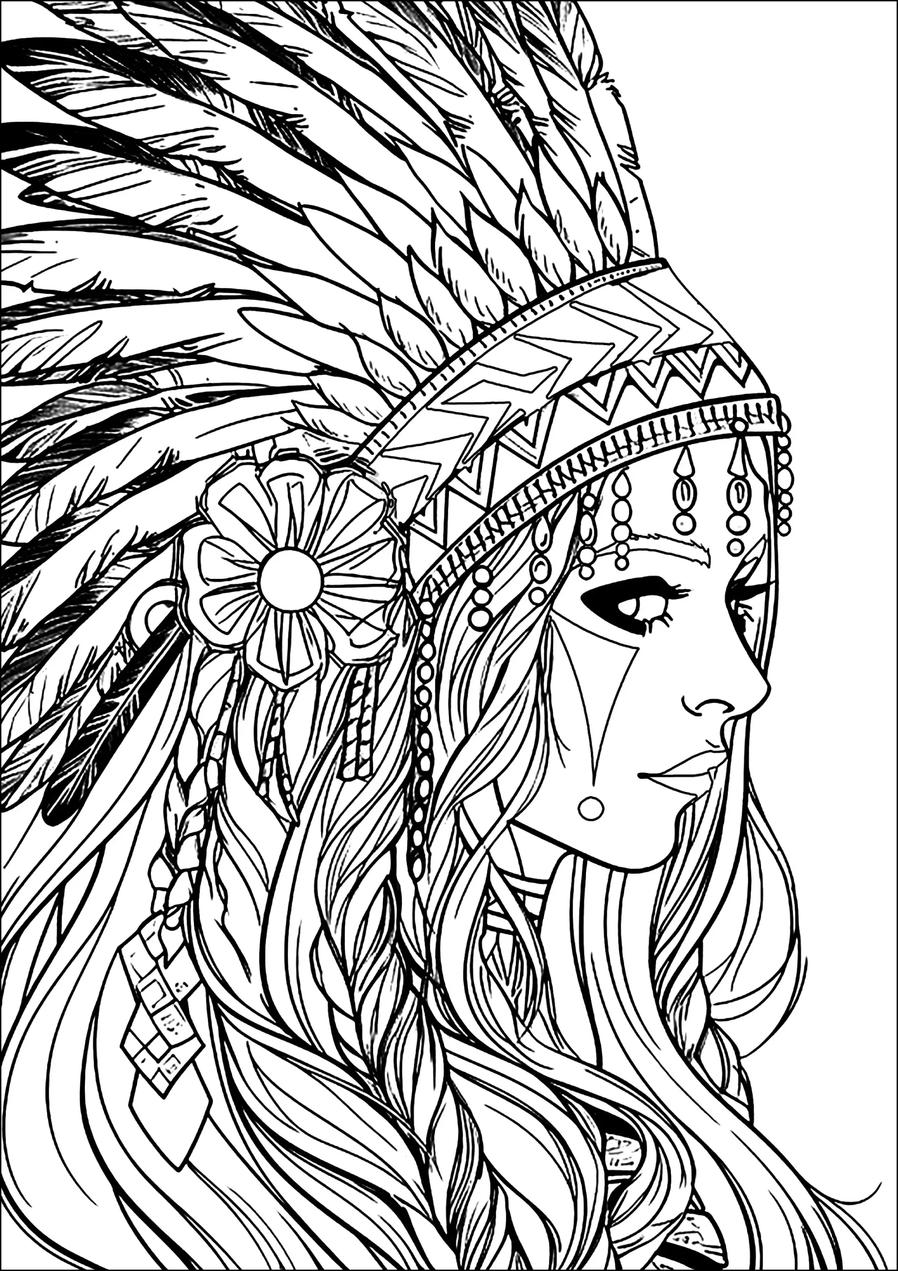 Young Woman With Indian Headdress Native American Coloring Pages For Adults Young Woman With Indian Headdress Native American Coloring Pages For Adults