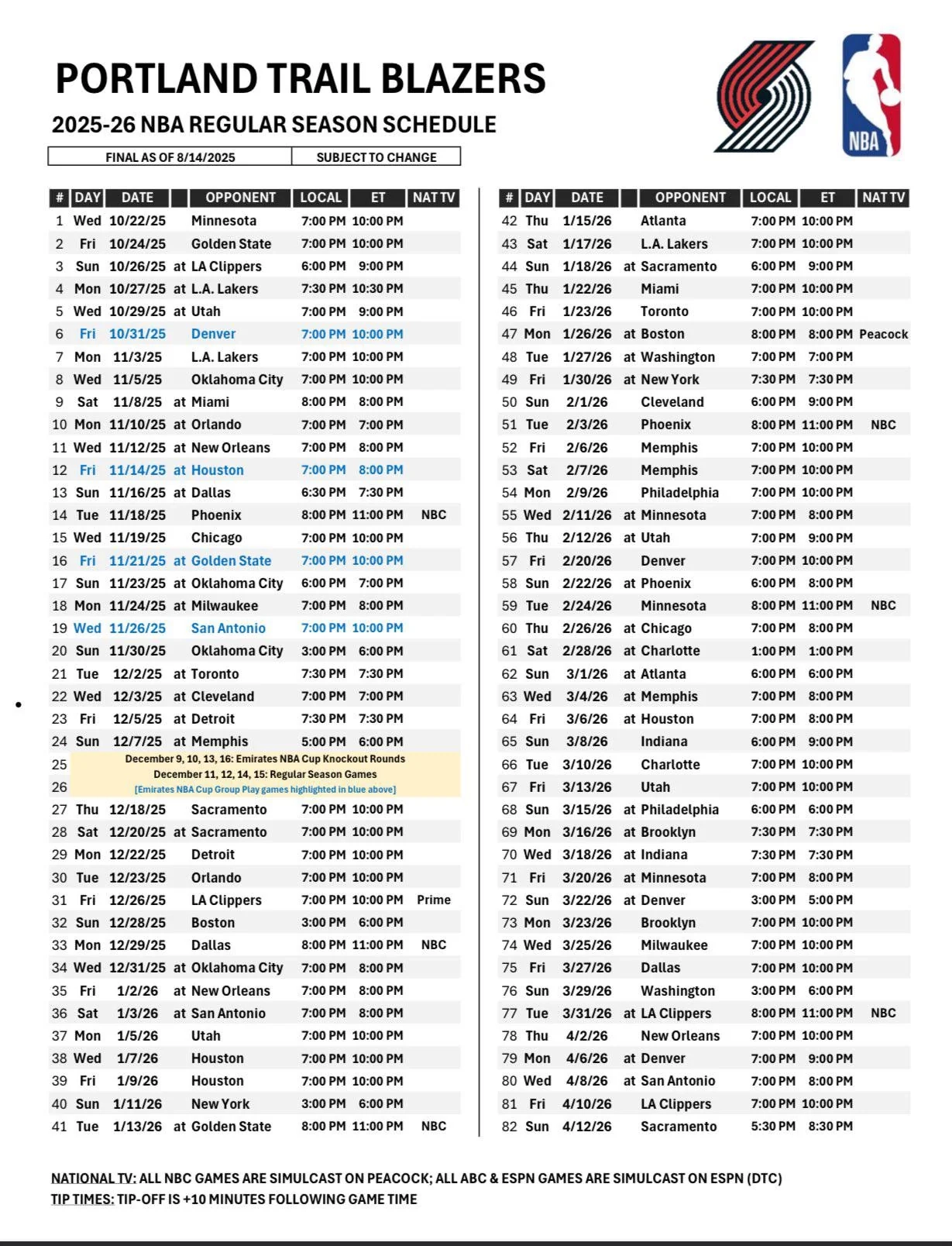 Portland Trailblazers 2025-2026 Printable Schedule Portland Trailblazers 2025-2026 Printable Schedule