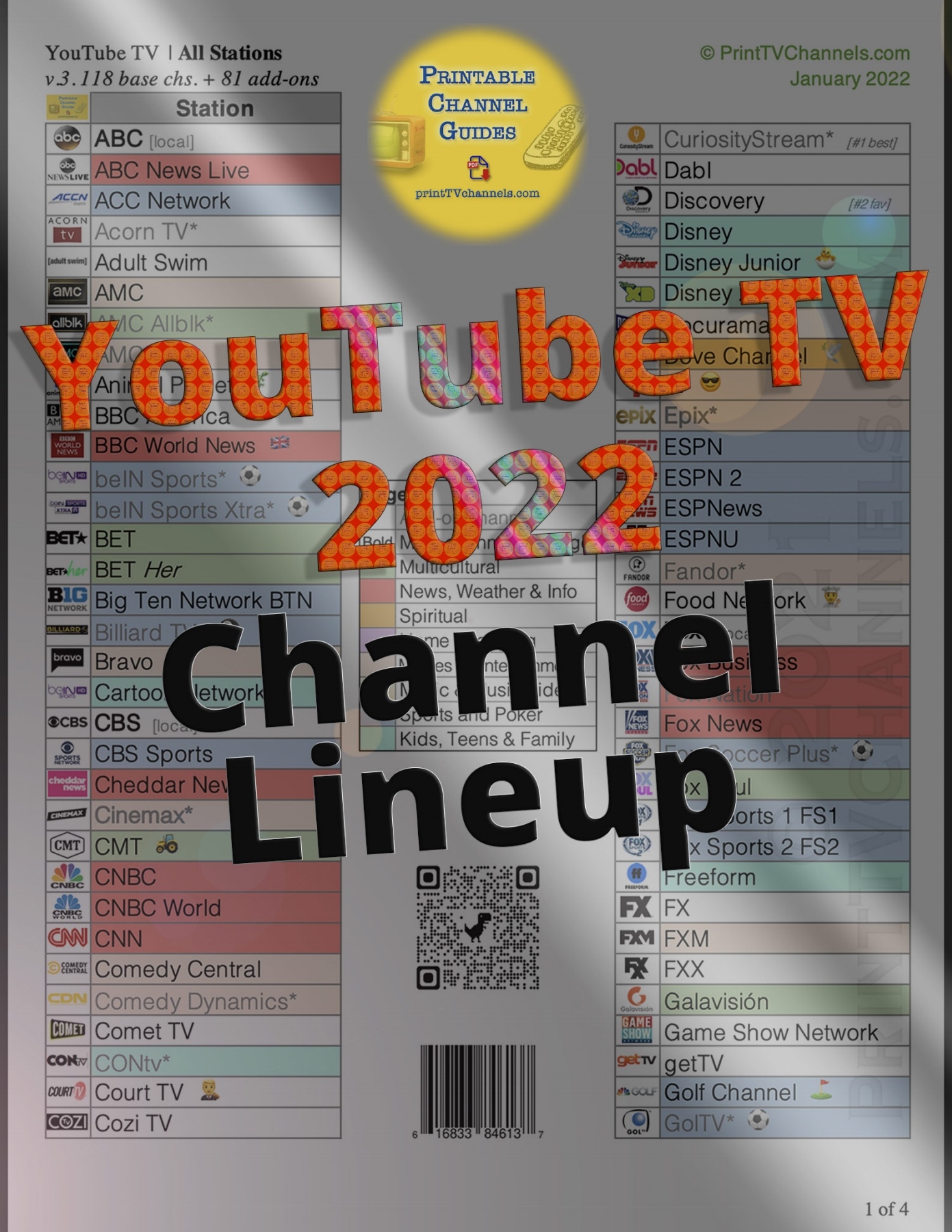YouTube TV Channels Lineup Printable PDF