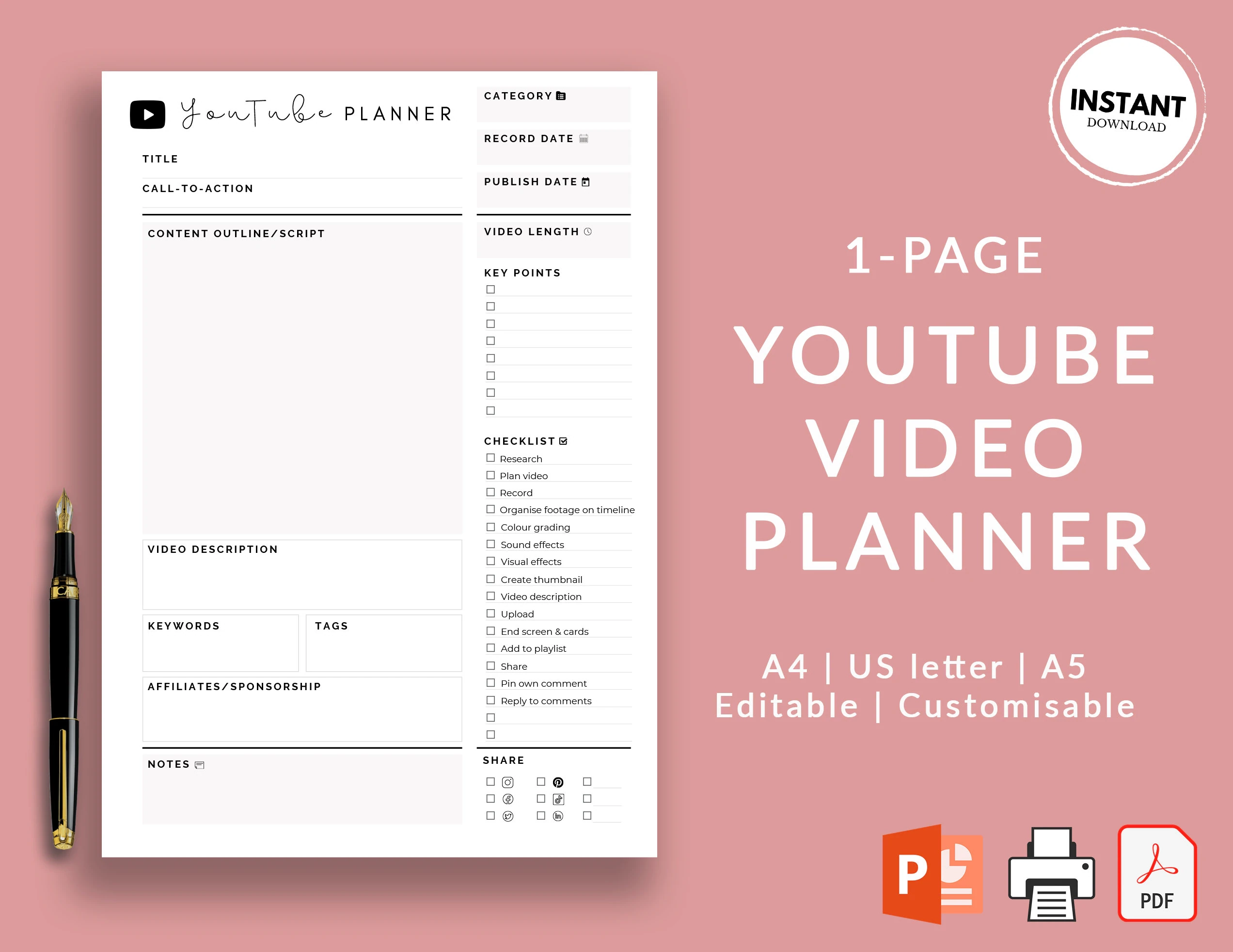 Youtube Video Planner Youtube Video Checklist Printable Vlog Checklist Video Template Customisable Video Checklist Youtube Planner Etsy