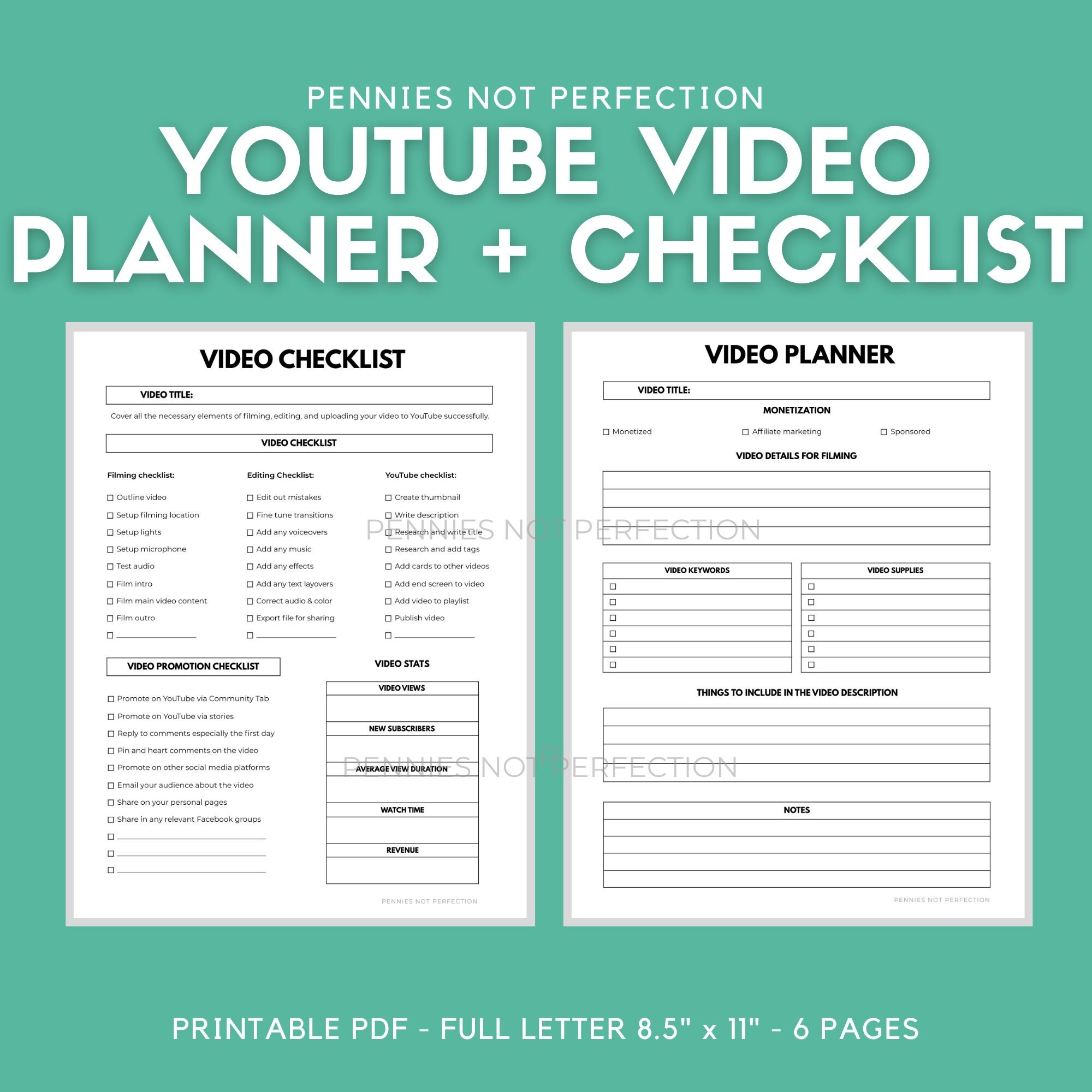 Youtube Video Planner Youtuber Video Organizer Youtube Planner Video Checklist Printable Youtube Planner Printable Etsy